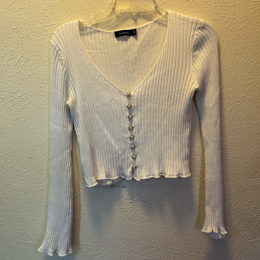 Glamorous Cream Ribbed V-Neck Blouse